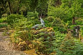 HIGHNAM COURT, GLOUCESTERSHIRE: JUNE, THE FERNERY AND WATER GARDEN, ROCKERY, PULHAMITE ROCKS, FERNS, CROCODILE SCULPTURE ON ROCKS