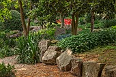 HIGHNAM COURT, GLOUCESTERSHIRE: JUNE, THE FERNERY AND WATER GARDEN, ROCKERY, PULHAMITE ROCKS, FERNS, RED BRIDGE