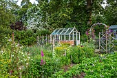 PIE CORNER, HERTFORDSHIRE: JUNE, THE POTAGER, VEGETABLE GARDEN, GREENHOUSE