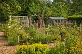 PIE CORNER, HERTFORDSHIRE: JUNE, THE POTAGER, VEGETABLE GARDEN, PATH, SHED, GREENHOUSE