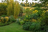 OLD PARK BARN, BUCKINGHAMSHIRE; SUNRISE, VIEW TO CHURCH, BORROWED LANDSCAPE, BAMBOO, PHYLLOSTACHYS AUREOSULCATA F SPECTABILIS, OEMIERIA CERASTIFORMIS