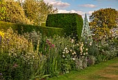 RENISHAW HALL & GARDENS, DERBYSHIRE: BORDER ON LAWN, JUNE, BLUE OBELISKS, YEW HEDGES, HEDGING, ROSES, POPPIES