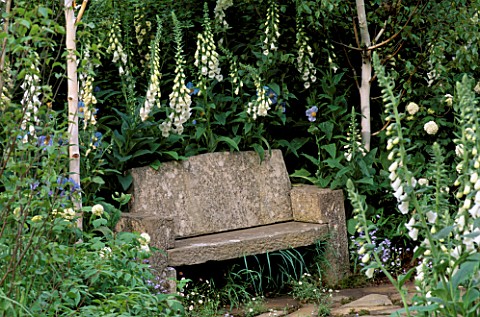 SIMPLE_STONE_SEAT_IN_SECLUDED_CORNER_SURROUNDED_BY_FOXGLOVES_THE_EVENING_STANDARD_GARDEN_DESIGNER_XA