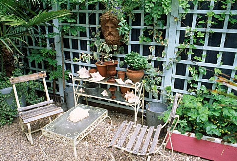 SEATS_IN_SHADY_TRELLISED_AREA_BESIDE_METAL_AND_GLASS_ETAGERE_AND_TABLE_ANTIQUE_TERRACOTTA_MASK_MOUNT