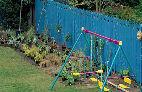 NEWLY_PLANTED_GARDEN__BLUE_PAINTED_FENCE_AND_CHILDRENS_PLAY_AREA__NICHOLS_GARDEN__READING