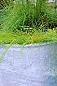 DETAIL OF GOLD CAREX IN GALVANIZED METAL CONTAINER IN DESIGNER STEPHEN WOODHAMS OWN ROOF GARDEN.