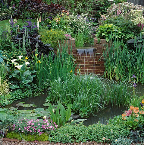 WATER_FEATURE_SMALL_TOWN_GARDEN_WITH_WATERFALL_OVER_BRICK_WALL_INTO_LILY_POND_SURROUNDED_BY_MARGINAL