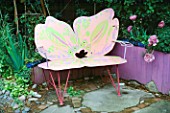 PINK BUTTERFLY BENCH AND PURPLE TULIPS - KEEYLA MEADOWS