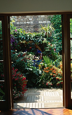 VIEW_THROUGH_THE_BACK_DOORFRENCH_WINDOWS_INTO_COURTYARD_GARDEN_WITHWOODEN_DECKING__TIMBER_PERGOLA_SU