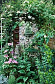 SMALL TOWN GARDEN: VIEW THROUGH SHADY ARCH TO WALL MOUNTED FOUNTAIN IN FLINT & SHELL GROTTO. JASMINUM OFFICINALE OVER ARCH & CLEMATIS DR RUPPEL AT BASE. DESIGNER: ALEX JEFFERSON.
