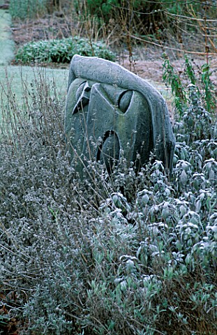SCULPTURE_BY_HELEN_SINCLAIR_SURROUNDED_BY_FROSTED_NEPETA_SIX_HILLS_GIANT_ARROW_COTTAGE__HEREFORDSHIR