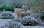 THE HOT GARDEN WITH SCULPTURE OF CHAC MOOL (RAIN GOD) BY HELEN SINCLAIR.  ARROW COTTAGE  HEREFORDSHIRE