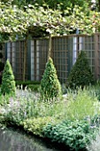 METAL AND WOOD TRELLIS SCREEN WITH GREY BORDER  TAXUS YEW TOPIARY AND PLATANUS ACERIFOLIA. CHRISTIES SCULPTURE IN THE GARDEN  CHELSEA 99