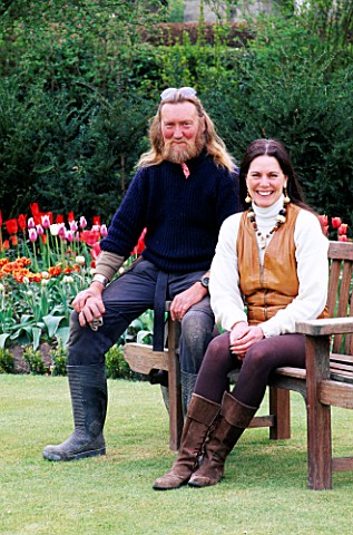 A_PLACE_TO_SIT__IAN_AND_BARBARA_POLLARD_SITTING_ON_THE_WHEELBARROW_SEAT_THE_ABBEY_HOUSE__WILTSHIRE