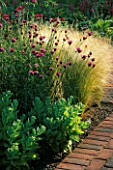VIEW ALONG PATH WITH  PERENNIAL PLANTING IN WALLED GARDEN BY CHRISTOPHER BRADLEY-HOLE: SEDUM AUTUMN JOY  DIANTHUS CARTHUSIANORUM  STIPA TENUISSIMA AND PENSTEMON GARNET