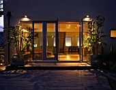 ROOF GARDEN:  TIMBER DECKING AND STEEL CONTAINER PLANTED WITH GLOBE ARTICHOKE - CYNARA CARDUNCULUS  ALL LIT UP AT NIGHT. DESIGNERS PAUL THOMPSON/TREVYN MCDOWELL