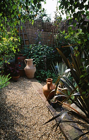 VIEW_ACROSS_SHINGLE__STEPS_LINED_WITH_SLEEPERS_TO_THE_WICKER_AND_BAMBOO_FENCE_WITH_TERRACOTTA_URNS__