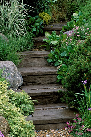 MAN_MADE_STEPS_MADE_TO_LOOK_LIKE_WOODEN_SLEEPERS__LINED_WITH_GRASSES__AJUGA_STONEMARKETS_A_WATERSIDE
