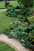 LAUNA SLATTERS GARDEN  OXON: THE POND AND LAWN FROM THE HOUSE WITH BIRD TABLE AND GRAVEL PATH