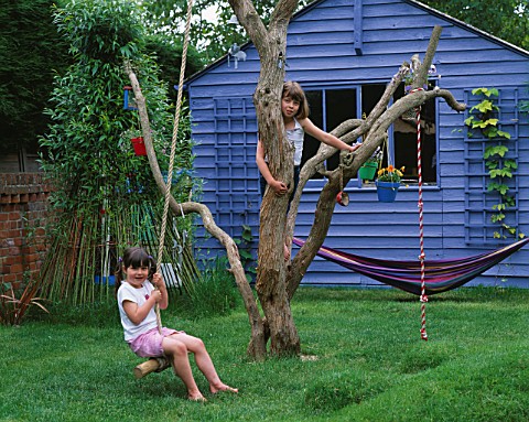 HARRIET_AND_NANCY_MATTHEWS_PLAY_ON_THE_OLD_TREE_WITH_BLUE_SUMMERHOUSE_BEHIND_DESIGNER_CLARE_MATTHEWS