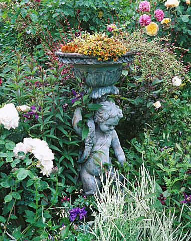 CAROLYN_HUBBLES_SHROPSHIRE_GARDEN__BRONZE_STATUE_WITH_ENGLISH_ROSE_REDOUTE__ROSA_MAGENTA_AND_ROSA_CH