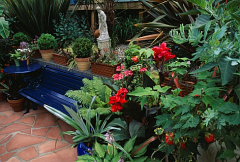SOFT_TERRACOTTA_CRAZY_PAVING_PATIO_WITH_BLUE_BENCH__STATUE_AND_FOLIAGE_PLANTS_ROBIN_GREEN__RALPH_CAD