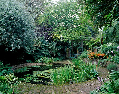 CIRCULAR_POND_WITH_WATER_LILIES_AND_IRIS_FOLIAGE_SURROUNDED_BY_BRICK_PATH__DESIGNED_BY_JOE_SWIFT__PY