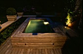 DECKED TERRACE WITH HOTTUB LIT UP AT NIGHT