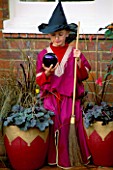 ROBERT DRESSED AS A WIZARD HOLDS A PURPLE BAUBLE AND STANDS IN FRONT OF POTS OF HEUCHERA QUICKSILVER AND AJUGA BRAUNHERZ
