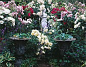 VALENTINE ROSE GARDEN IN CAROLYN HUBBLES GARDEN  SHROPSHIRE: STANDARD ROSES IN PAIRS - WHITE FLOWER CARPET MARJORIE FAIR  THE PILGRIM AND BALLERINA. ITALIAN MARBLE STATUE
