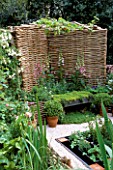 MEDIAEVAL APOTHECARYS GARDEN WITH WICKER SCREEN  THYME SEAT  BOX BALL IN POT AND CRUSHED SHELL MULCH. CHELSEA 2001  BRIGHTSTONE & DISTRICT HORTICULTURAL SOCIETY