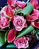 FLOWERBOX FLORAL DISPLAY: HYDRANGEA  ROSE MYSTERY  CALLA LILLIES  THE LEAVES OF ASPEDISTRA AND VIBURNUM BERRIES