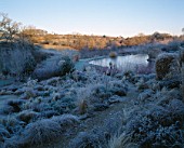 STEPPE PLANTING AND THE LAKE IN FROST  LADY FARM  SOMERSET