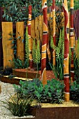 KELLYS CREEK GARDEN  CHELSEA 2002: LINES OF COLOURED GRAVELS ON DIFFERENT LEVELS  OPHIOPOGON  EUCALYPTUS  EREMURUS  FENCING & POLES PAINTED IN HOT  VIBRANT COLOURS