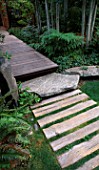 VIEW ALONG FRONT WOODEN PATH WITH LAWN   ROCKS  DECKING AND ASPENS. DESIGNER BOB SWAIN  SEATTLE  USA
