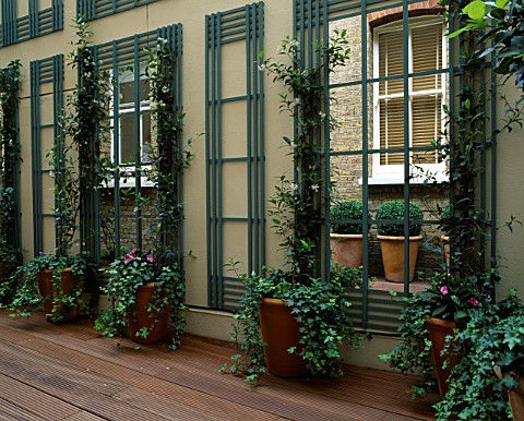 COURTYARD_WITH_DECKING__MIRRORS__TRELLIS__TERRACOTTA_POTS_WITH_TRAILING_IVY_AND_BRICK_WALL_DESIGNER_