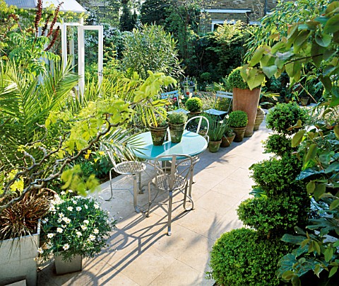 VIEW_ONTO_SMALL_GARDEN_WITH_ITALIAN_HARD_LIMESTONE_FLOOR__BLUE_TABLE__WHITE_CHAIRS_AND_TERRACOTTA_PO