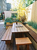 ROOF GARDEN: RED CEDAR BENCH AND TABLE AND BAMBOO FENCE: DESIGN BY ALISON WEAR ASSOCIATES