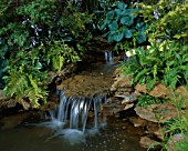WATERFALL WITH HOSTAS AND FERNS. TATTON PARK 2002  DESIGNER: PAUL DYER