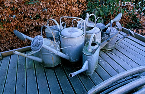 METAL_WATERING_CANS_OUTSIDE_THE_CONSERVATORY_IN_WINTER__AT_THE_LANCE_HATTATT_DESIGN_GARDEN_AT_ARROW_