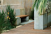 DECKING WALKWAY AND WOOD BENCH IN THE GARDEN FROM THE DESERT  CHELSEA 2003. DESIGNER CHRISTOPHER BRADLEY-HOLE