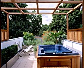 ROOF TERRACE WITH WOODEN PERGOLA  SUN LOUNGERS AND JACUZZI. IN BACKGROUND IS ASCLEPIAS CURASSAVICA AND CHAMAEROPS HUMILIS. DESIGN : AMIR SCHLEZINGER/ MY LANDSCAPES