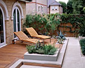 WOOD AND LIMESTONE TERRACE BESIDE HOUSE WITH SUN LOUNGERS AND AGAVE AMERICANA AND AGAVE AMERICANA VARIEGATA.  DESIGN : AMIR SCHLEZINGER/ MY LANDSCAPES