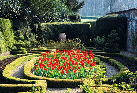 KELMARSH_HALL__NORTHAMPTONSHIRE_TULIPS_AND_BOX_HEDGING_IN_A_WALLED_GARDEN