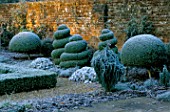 WEST GREEN HOUSE GARDEN  HAMPSHIRE: CLIPPED BOX TOPIARY SHAPES IN THE ALICE IN WONDERLAND GARDEN IN FROST IN WINTER