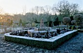 WEST GREEN HOUSE GARDEN  HAMPSHIRE: CLIPPED BOX HEDGING IN THE POTAGER IN WINTER IN FROST