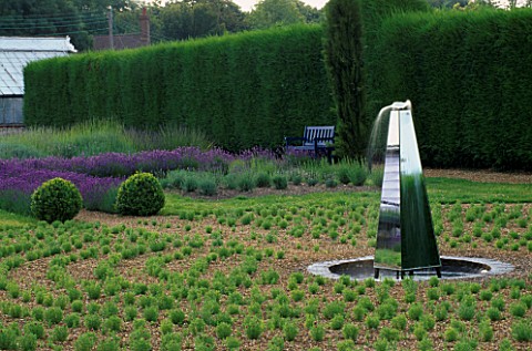 DOWNDERRY_NURSERY__KENT_OBELISK_WATER_FEATURE__LAVENDER_AND_HEDGE