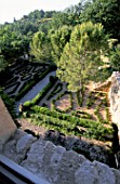 LA CHABAUDE  FRANCE. DESIGNER - PHILIPPE COTTET: THE PARTERRE SEEN FROM THE TOP WINDOW OF LA CHABAUDE