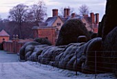 PACKWOOD HOUSE  WARWICKSHIRE  IN WINTER: FROST ON CLOUD HEDGING IN THE TOPIARY GARDEN WITH THE HOUSE BEHIND