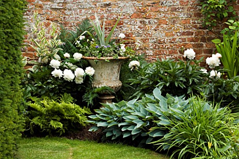 BIRTSMORTON_COURT__WORCESTERSHIRE_THE_END_OF_THE_LONG_BORDER_WITH_METAL_URN_PLANTED_WITH_ASTELIA__PE